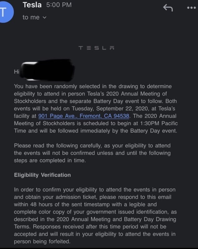 Tesla battery day event email invite