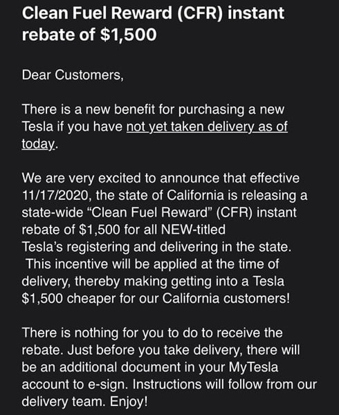 California Tesla Buyers Save 1 500 With New Clean Fuel Reward Instant 