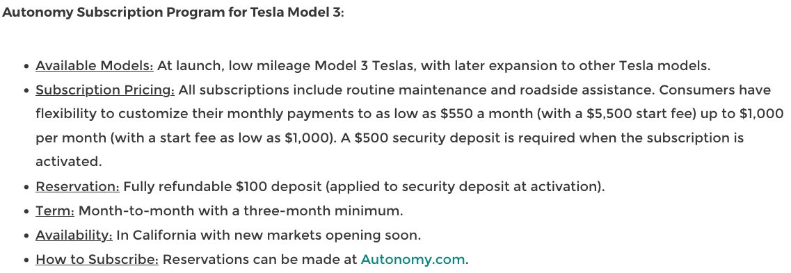 Autonomy Launches Tesla Model 3 Subscription Service in California ...