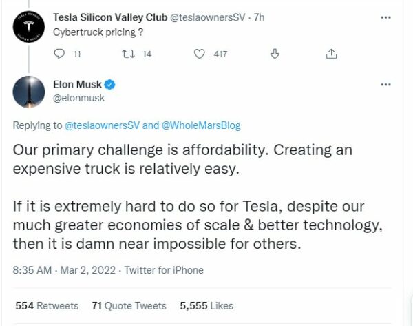 A screenshot of the tweet by Elon Musk