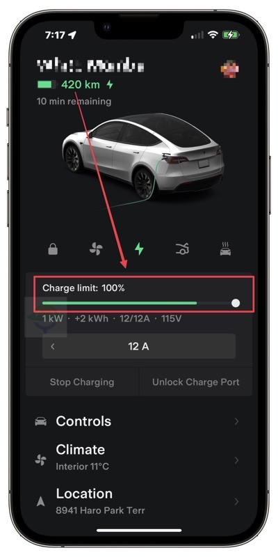 Tesla app range charging