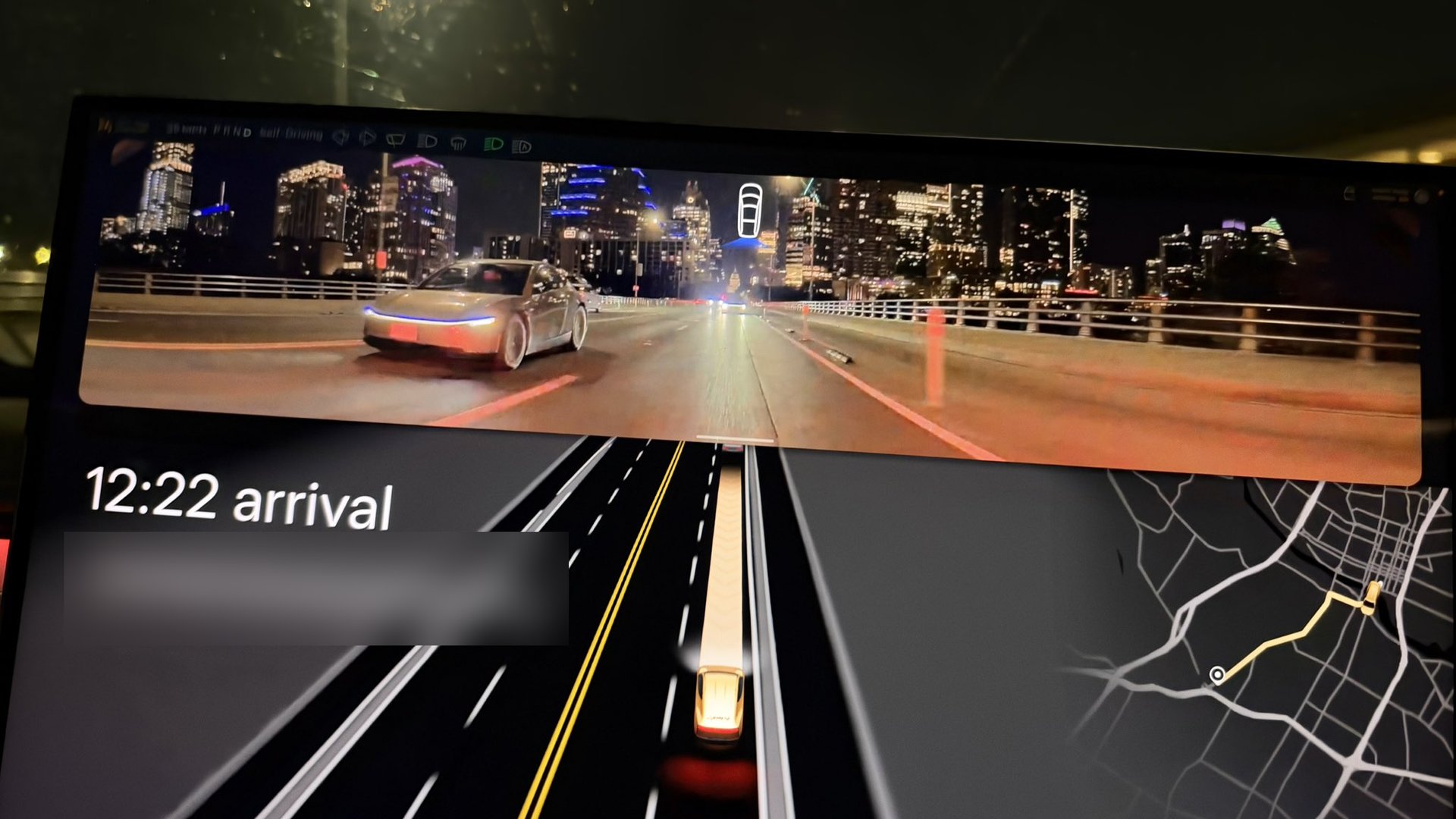 Cybercab rearview camera view on the rider screen