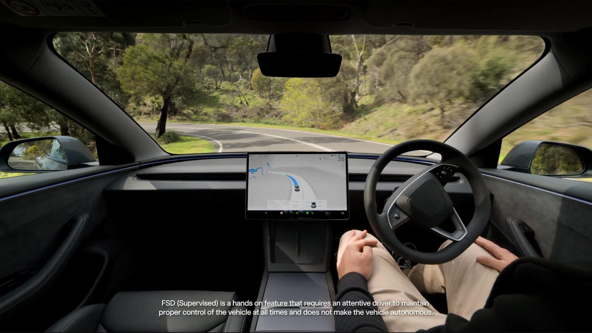 featured-1920x1080 | TeslaNorth.com Right-hand-drive Tesla cabin on an Australian road with FSD Supervised visualization on the center screen