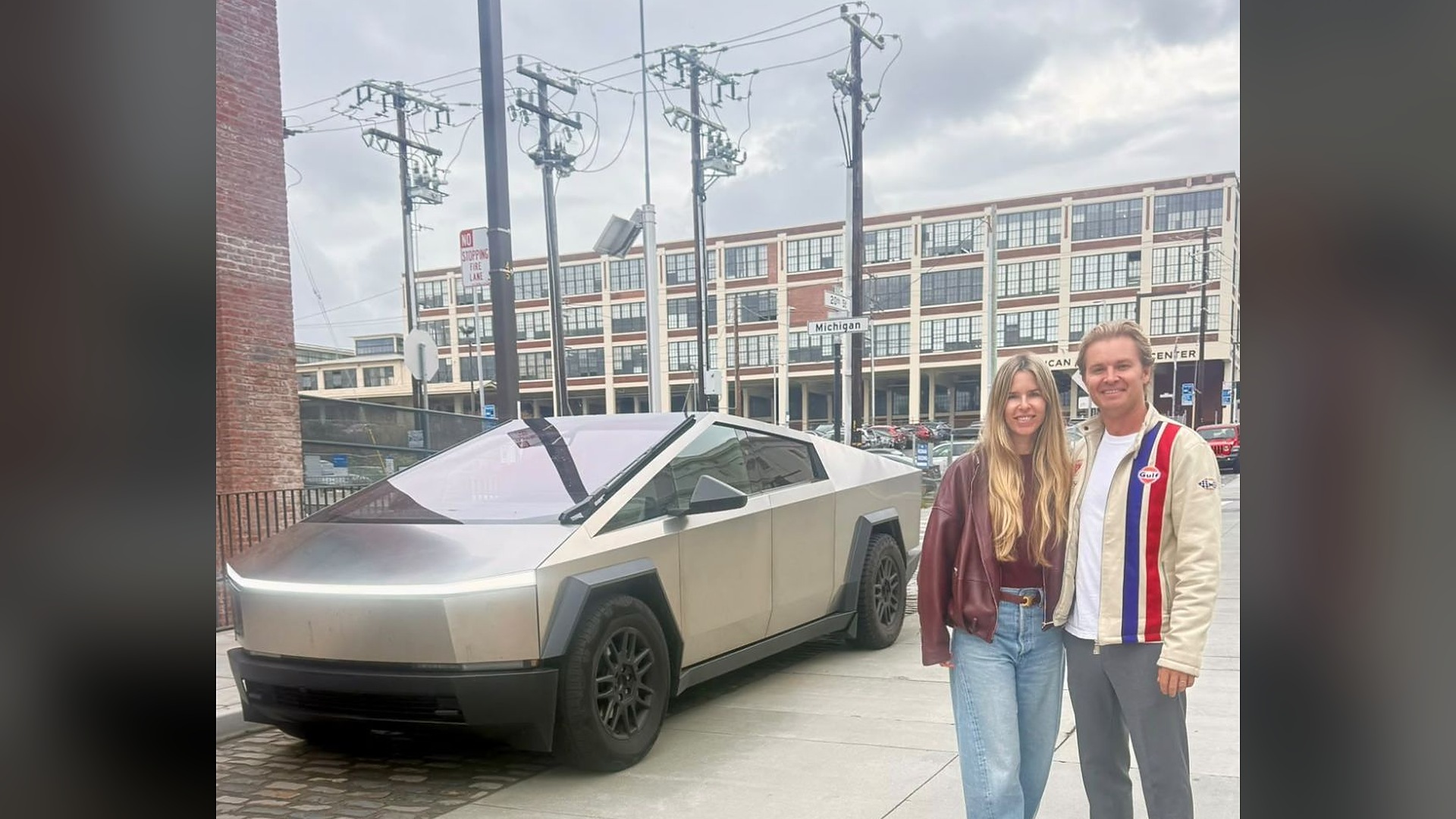 Nico Rosberg standing beside a Tesla Cybertruck on a San Francisco street