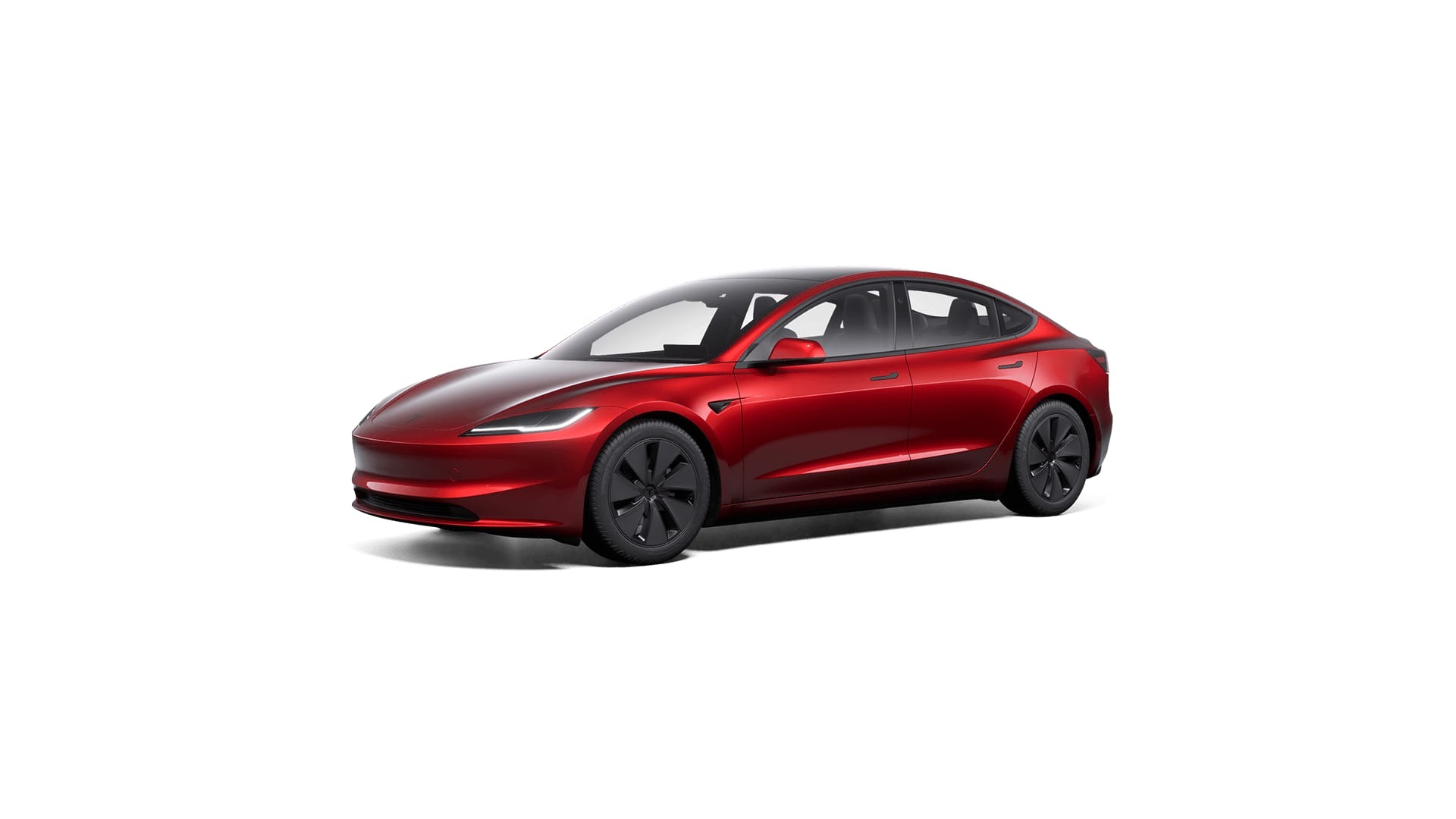Ultra Red Tesla Model 3 Highland in three-quarter studio view