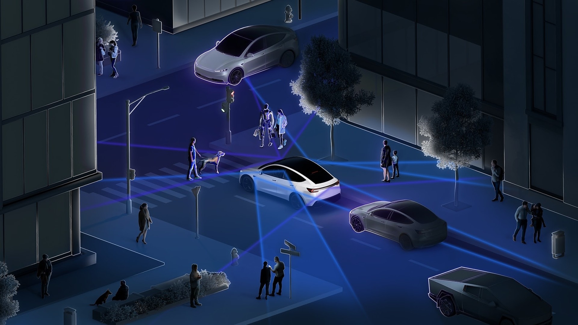 Tesla visualization of FSD (Supervised) camera coverage around vehicles on a city street at night