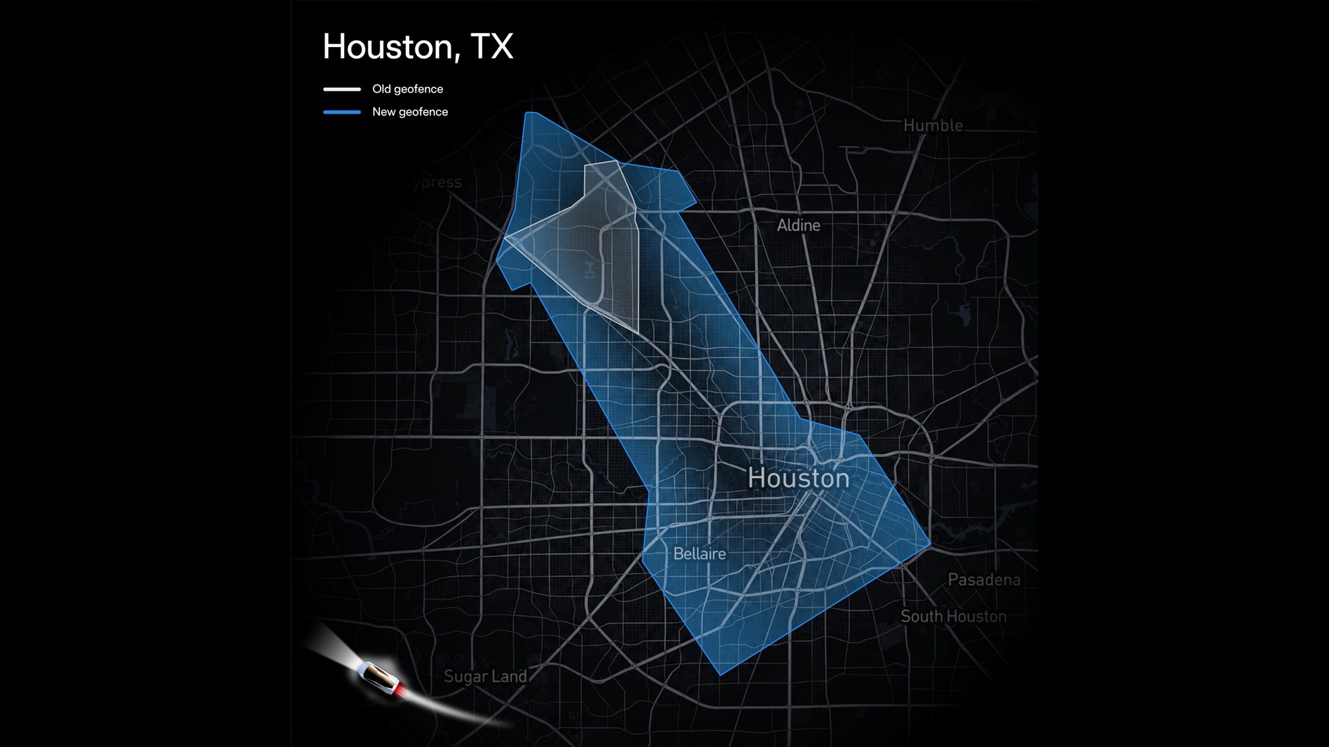 Tesla Robotaxi map of Houston showing the old geofence and a larger new geofence shaped like a rocket