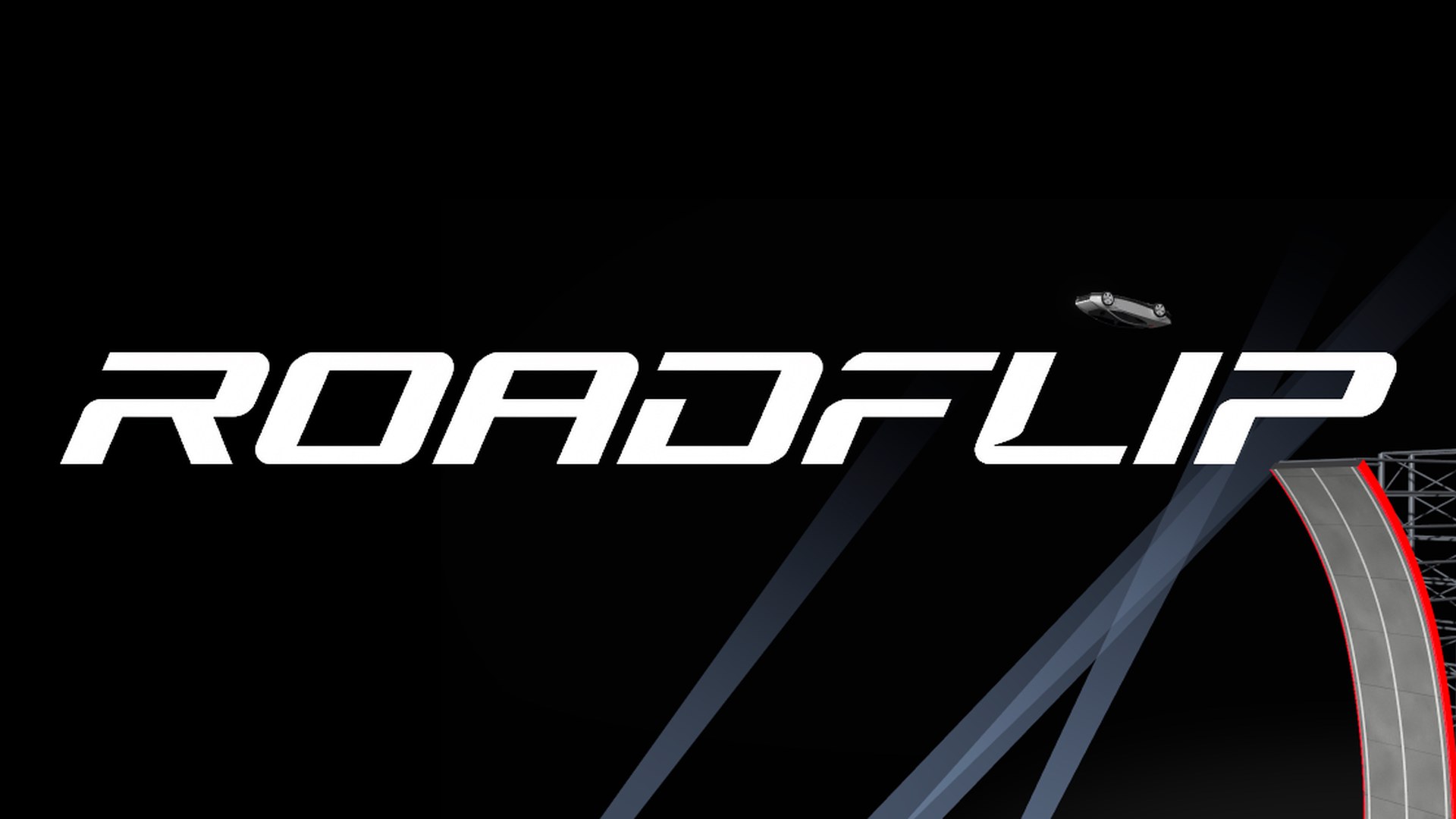 Roadflip browser game title screen with a silver Tesla Roadster launching off a curved ramp at night