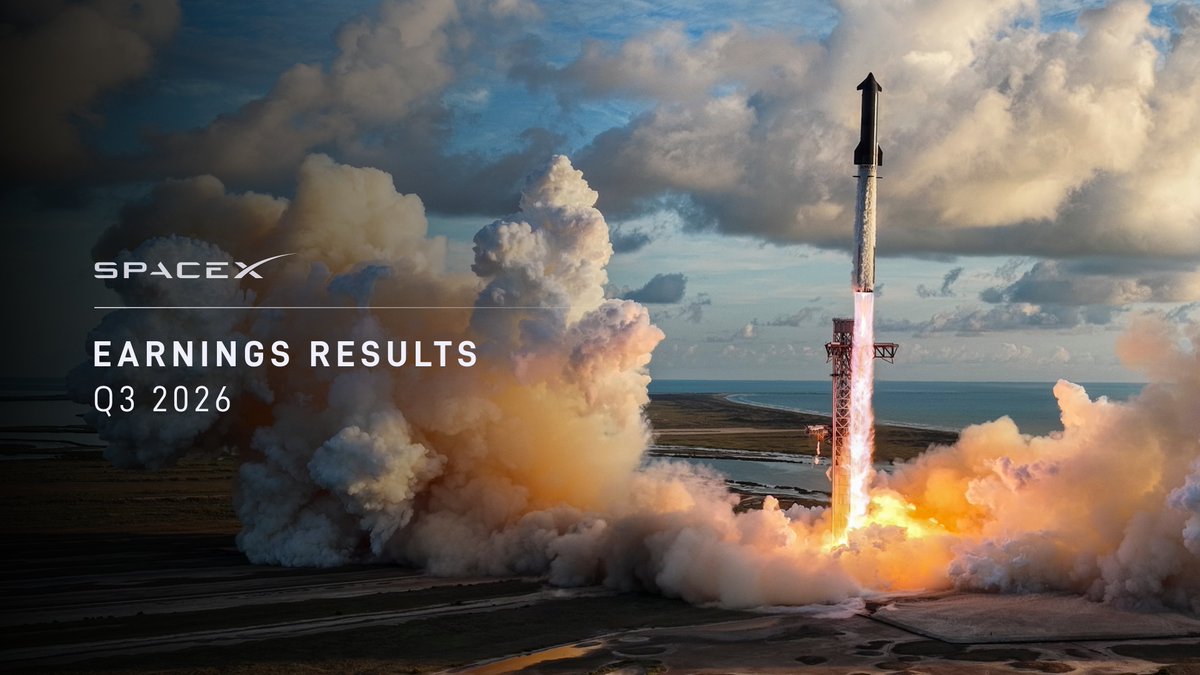 SpaceX rocket launch with fiery exhaust and clouds; text overlay says Earnings Results Q3 2026.