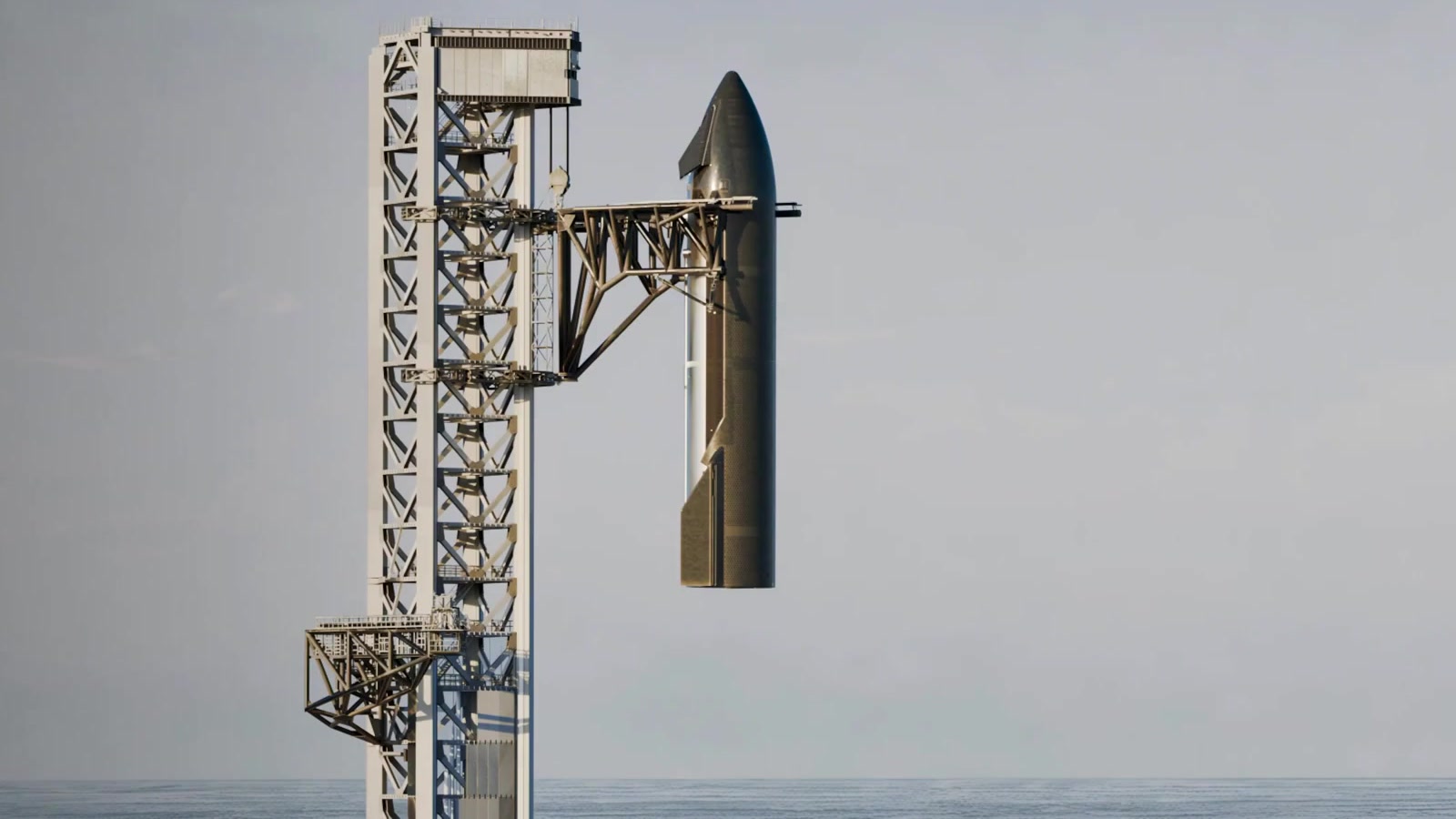 Frame from SpaceX's simulation of Starship's upper stage being caught by the launch tower arms on Flight 15