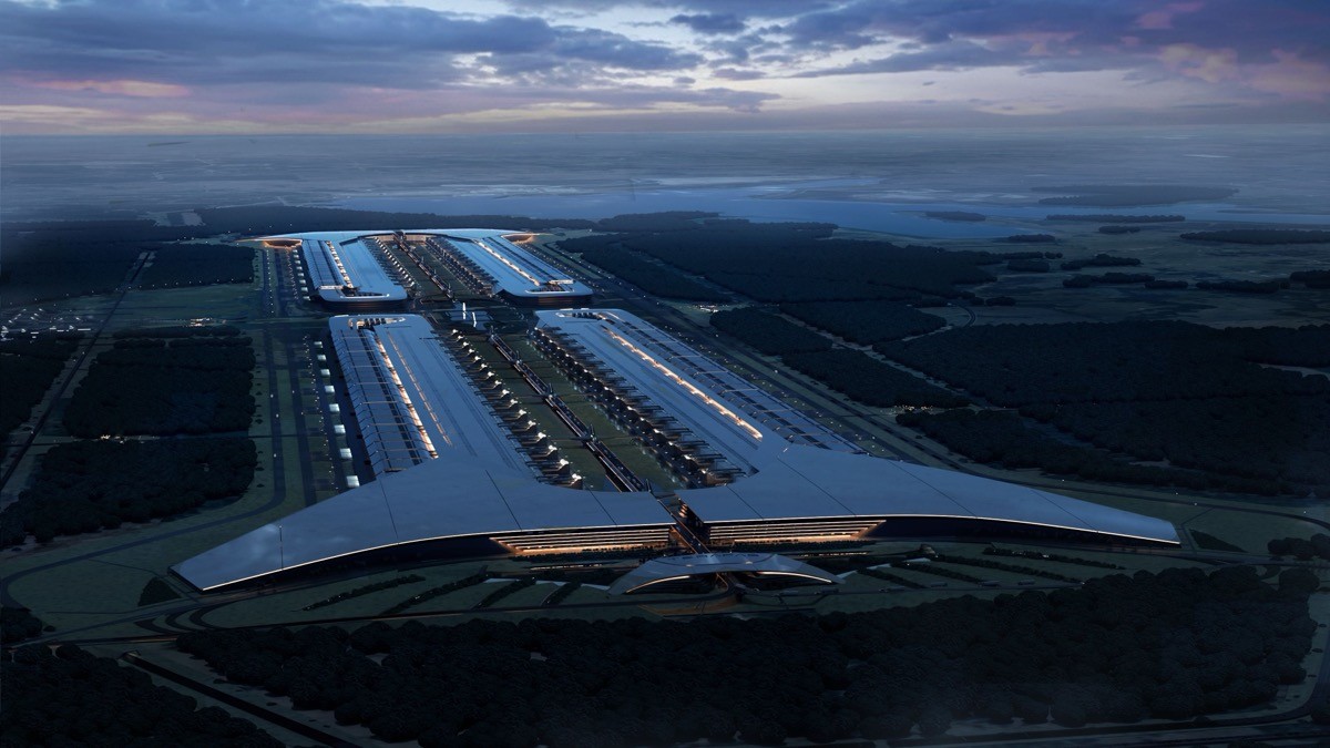 Rendering of the Terafab chip manufacturing complex in Grimes County, Texas, at dusk