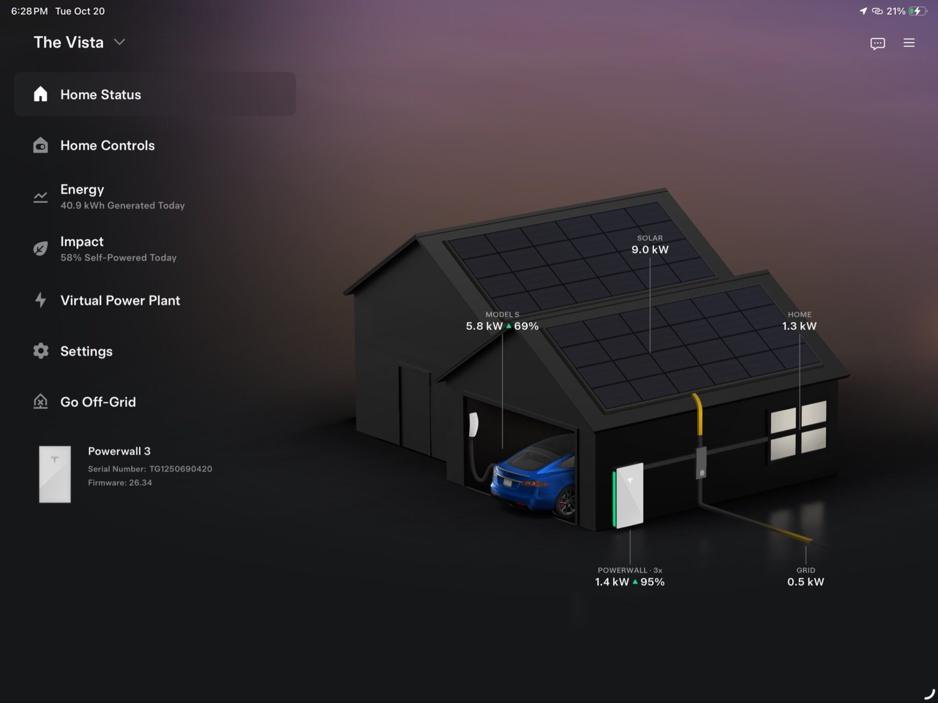 Smart home energy dashboard with a left navigation panel and a 3D house showing solar panels and energy metrics