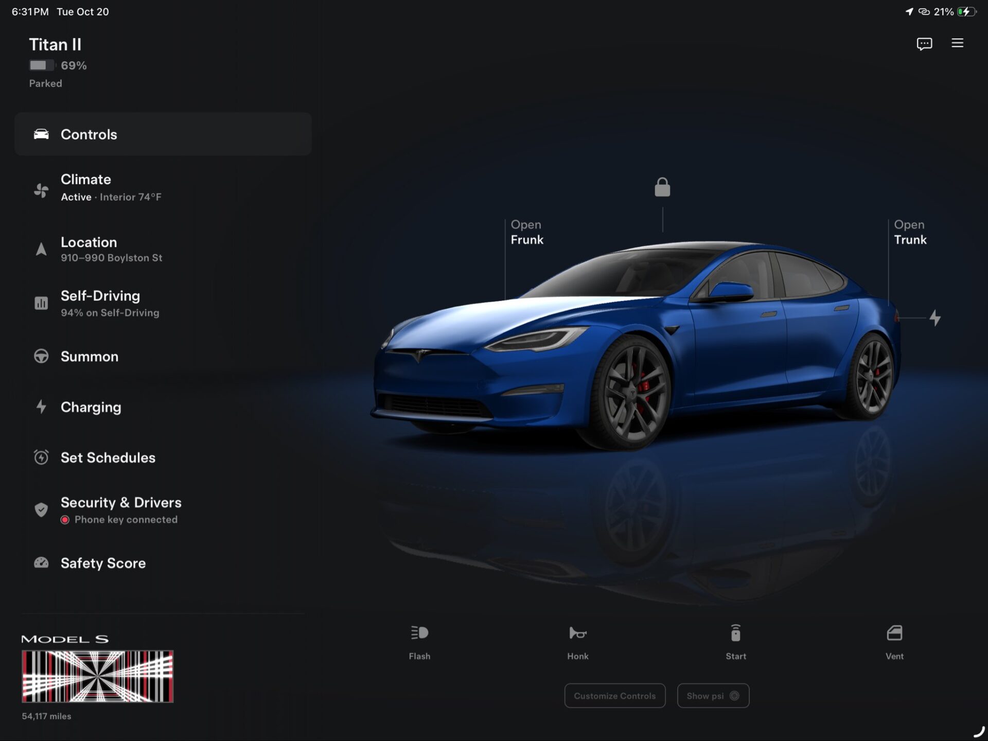 Tesla app tablet layout on iPad showing vehicle controls for a blue Model S
