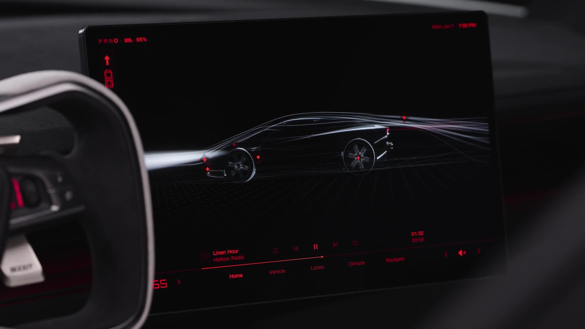 Tesla Roadster touchscreen showing a wireframe of the car beside the squared-off steering wheel