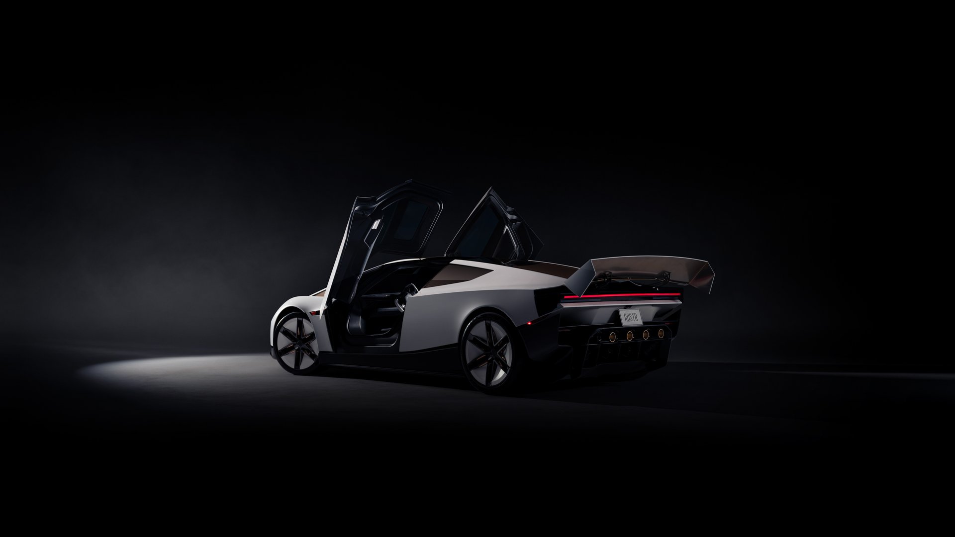 Dark studio scene featuring a silver futuristic sports car with gull-wing doors open, spotlight on the vehicle.