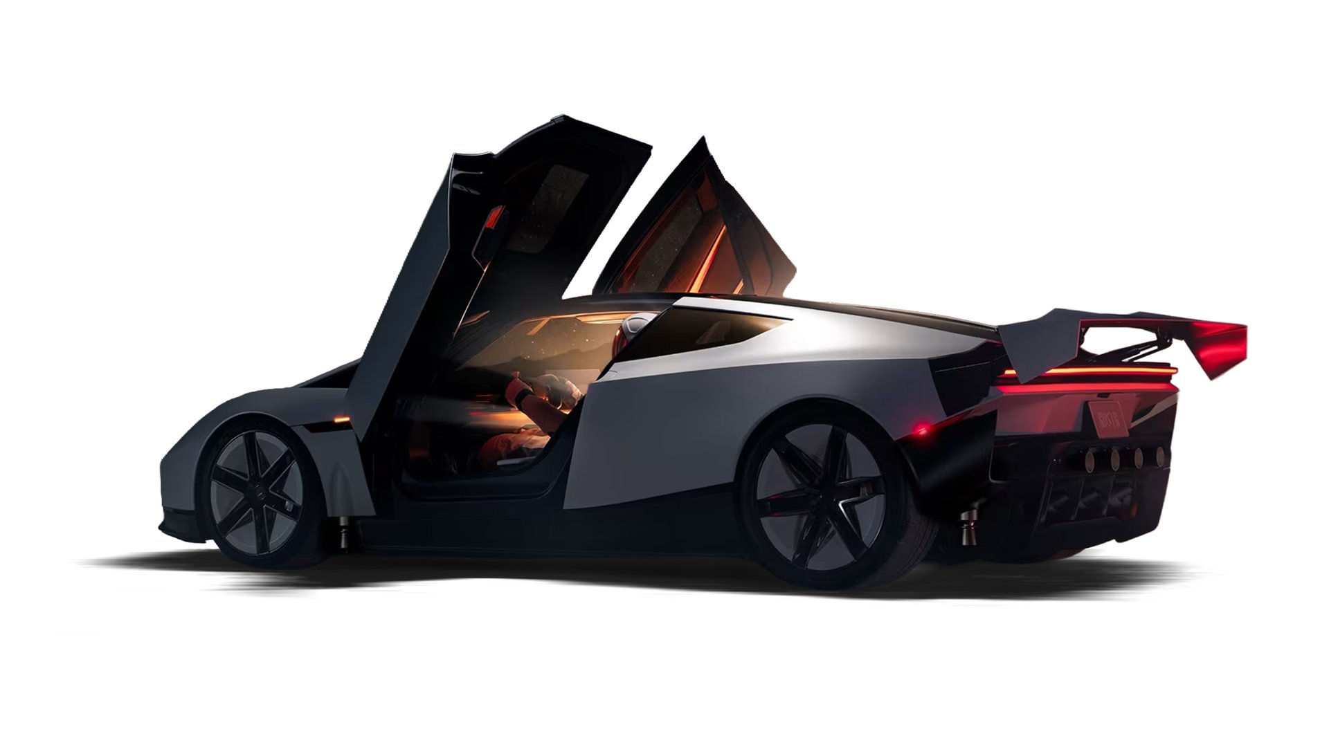 Futuristic sports car with doors open upward, shown in side view on a white background.
