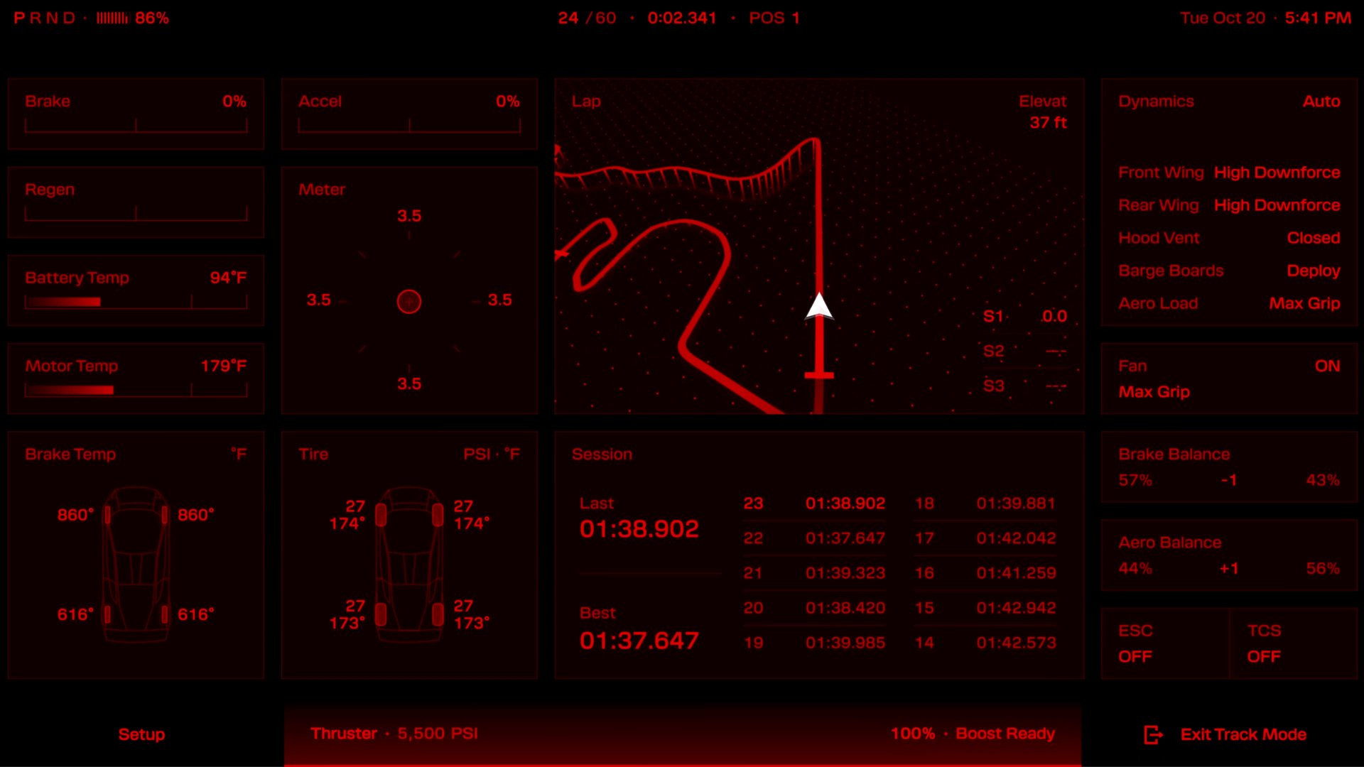Tesla Roadster track mode screen with lap map, lap times, tire temperatures and thruster gauge