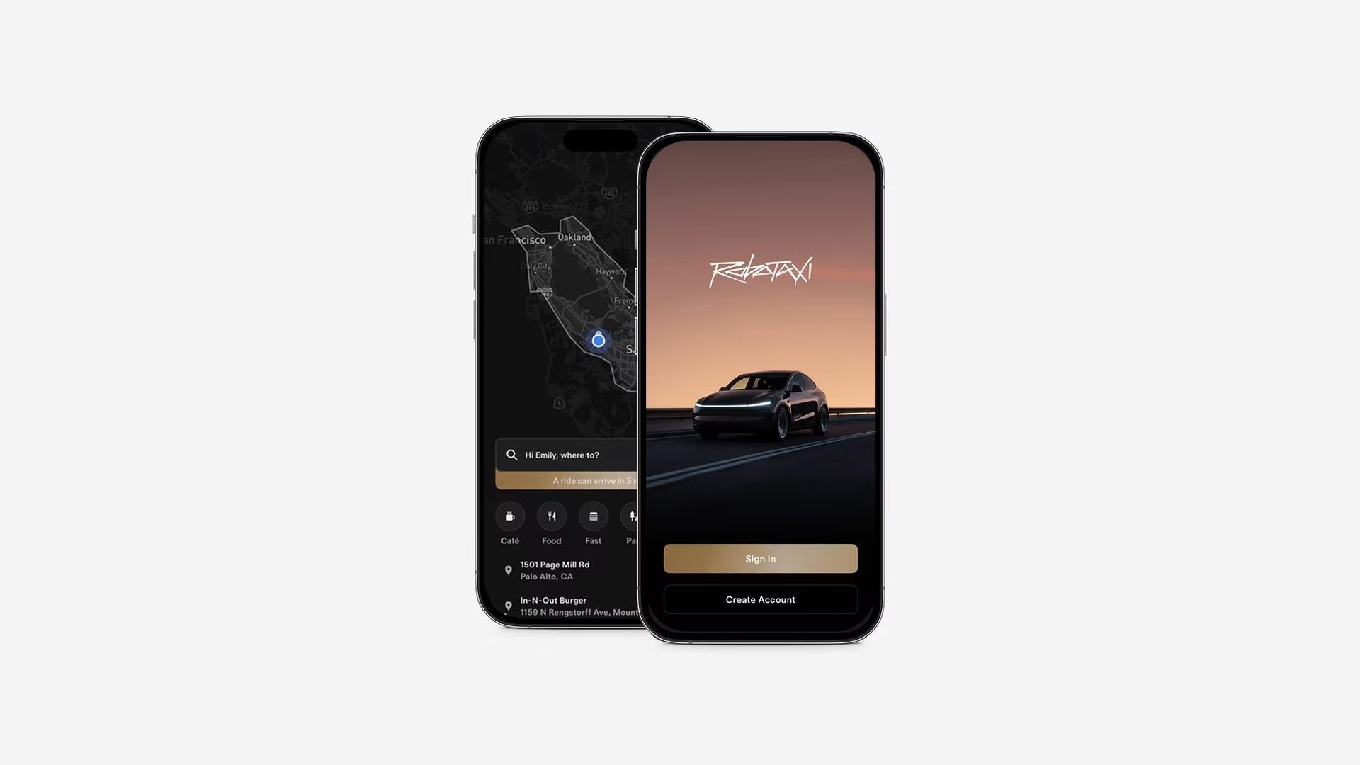 Tesla Robotaxi app on two iPhones showing a map of the Bay Area and the Robotaxi sign-in screen