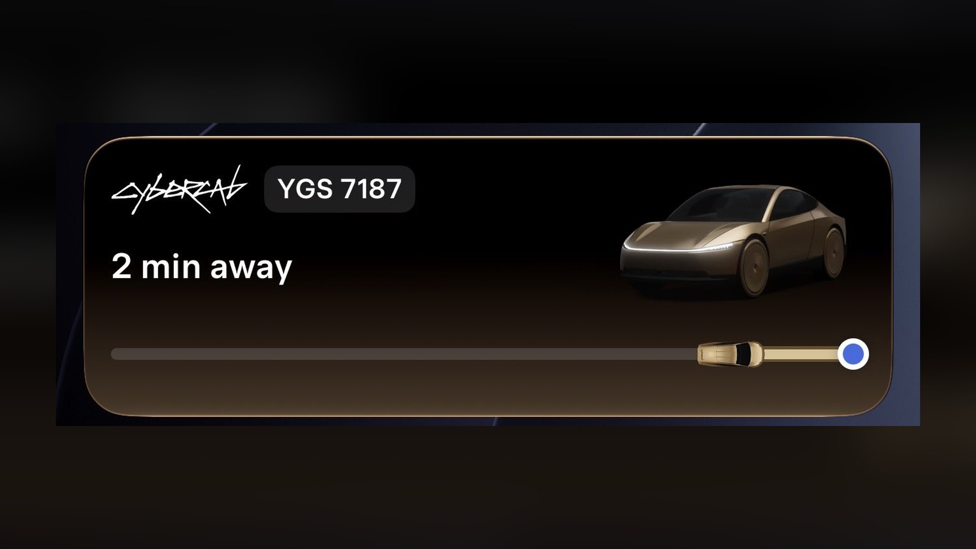Robotaxi app Live Activity card showing the Cybercab logo, license plate YGS 7187, "2 min away" and a progress bar with a gold Cybercab